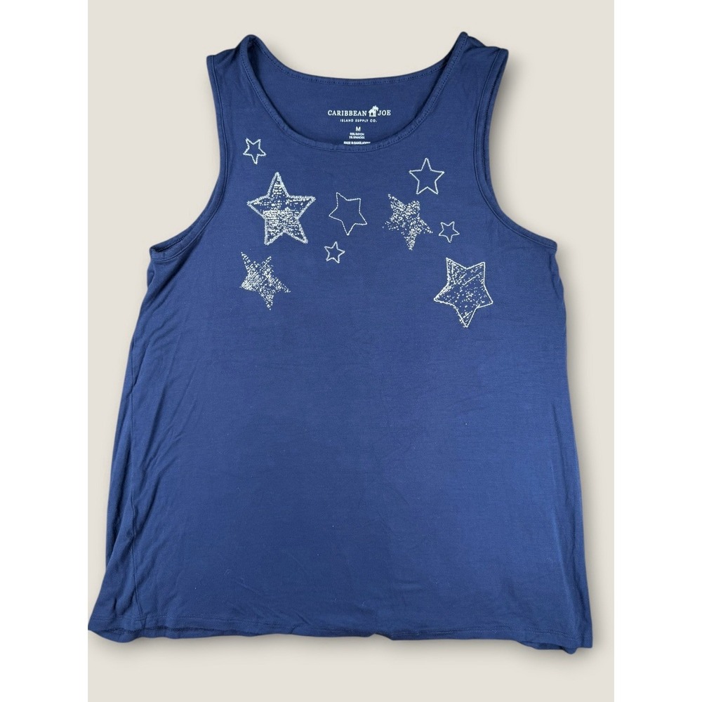 Caribbean Joe Tank Top M Navy Blue Celestial White Star Graphic Rayon Blend